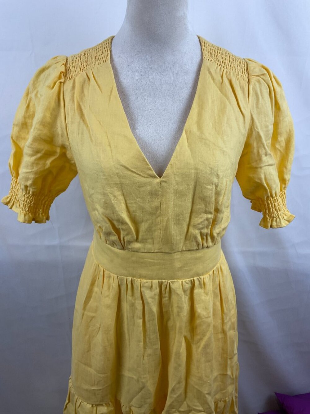 Boden Anne Linen Tiered Midi Dress US 4R Yellow Short Puff Sleeve V-Neck - Picture 3 of 10